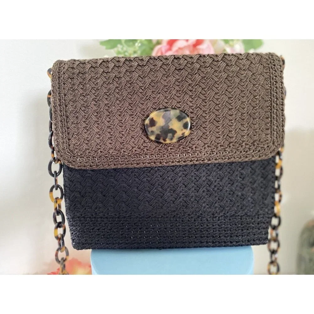 Christian Livingston Black Crochet Bag w Faux Tortoise Chain Strap Cross Body‎